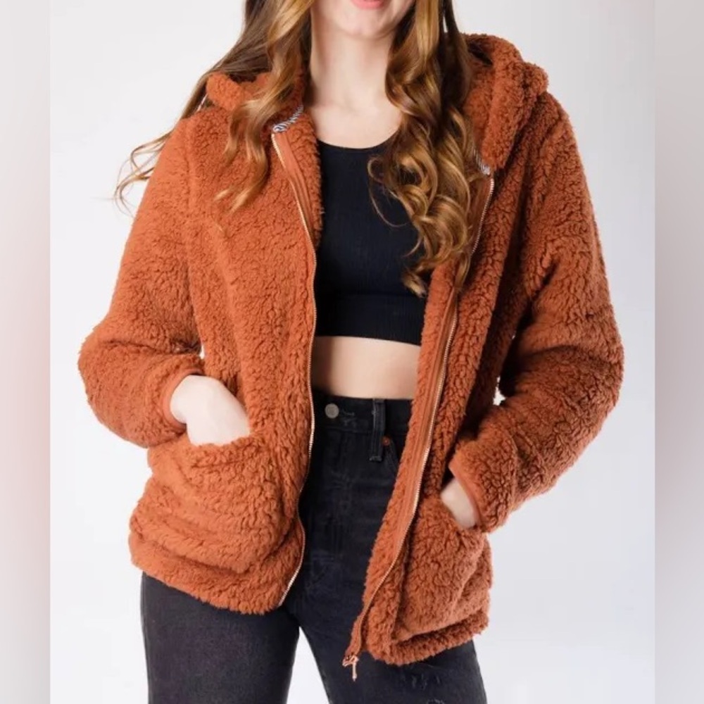 Volcom, Brown Fluffy Zip Up Jacket - image 1